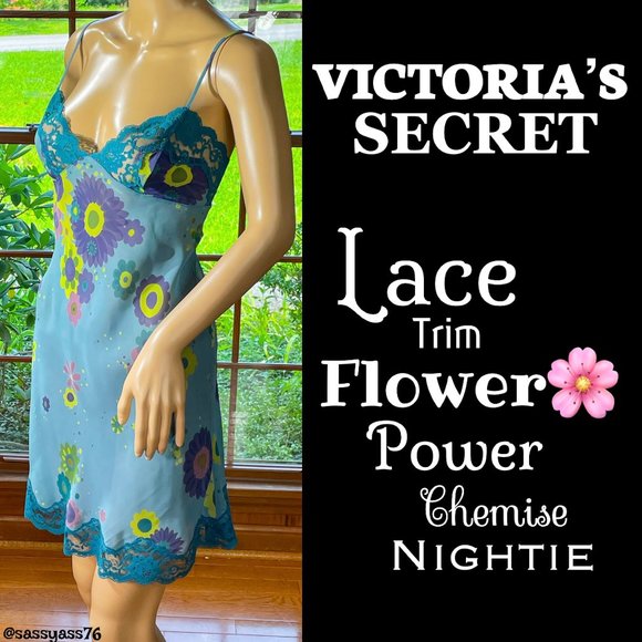 Victoria's Secret Other - ▪️VICTORIA'S SECRET▪️Aqua Blue Lace Trim 'Flower Power' Floral Chemise Nightie